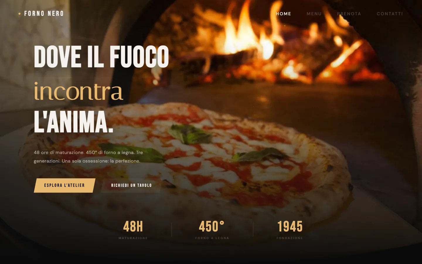 Pagina iniziale dell'esempio Forno Nero: nome della pizzeria sopra la foto di un forno a legna acceso