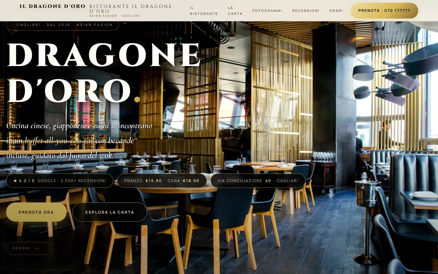 Pagina iniziale dell'esempio del Dragone d'Oro con il bancone del buffet in primo piano