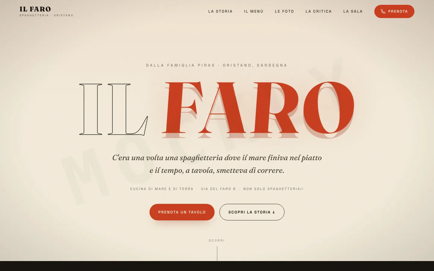 Pagina iniziale dell'esempio del Faro: il nome del locale in due stili di carattere sopra uno sfondo chiaro