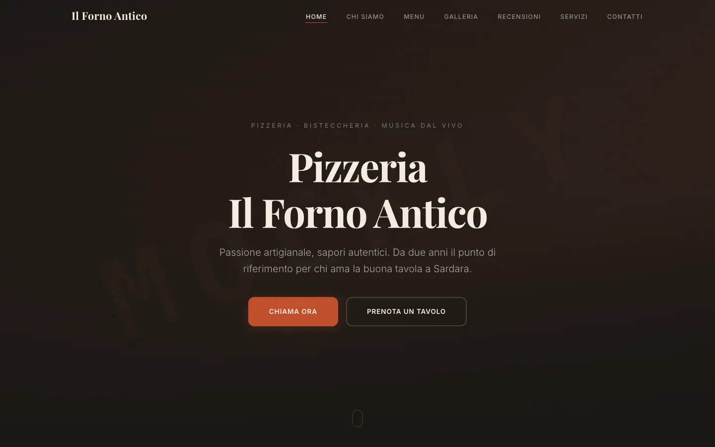 Pagina iniziale dell'esempio Pizzeria Il Forno Antico con i pulsanti per chiamare o prenotare
