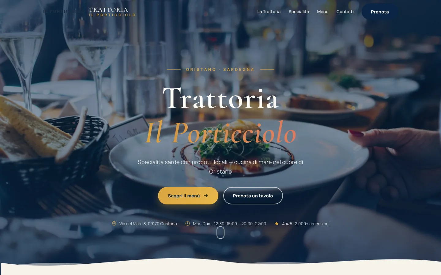 Pagina iniziale dell'esempio Trattoria Il Porticciolo con punteggio e recensioni in evidenza
