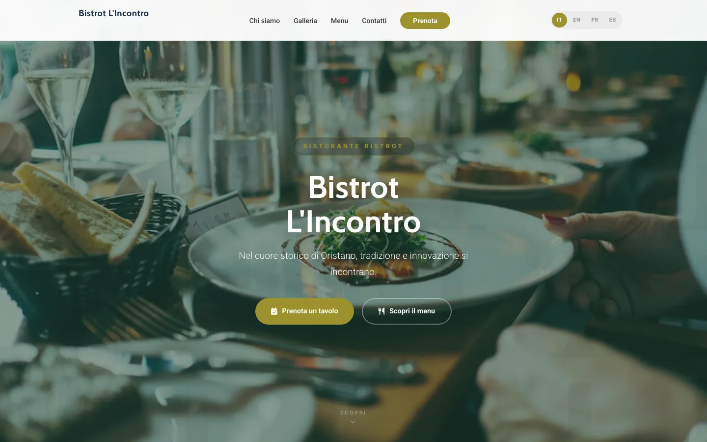 Pagina iniziale dell'esempio Bistrot L'Incontro con il selettore di lingua in alto a destra