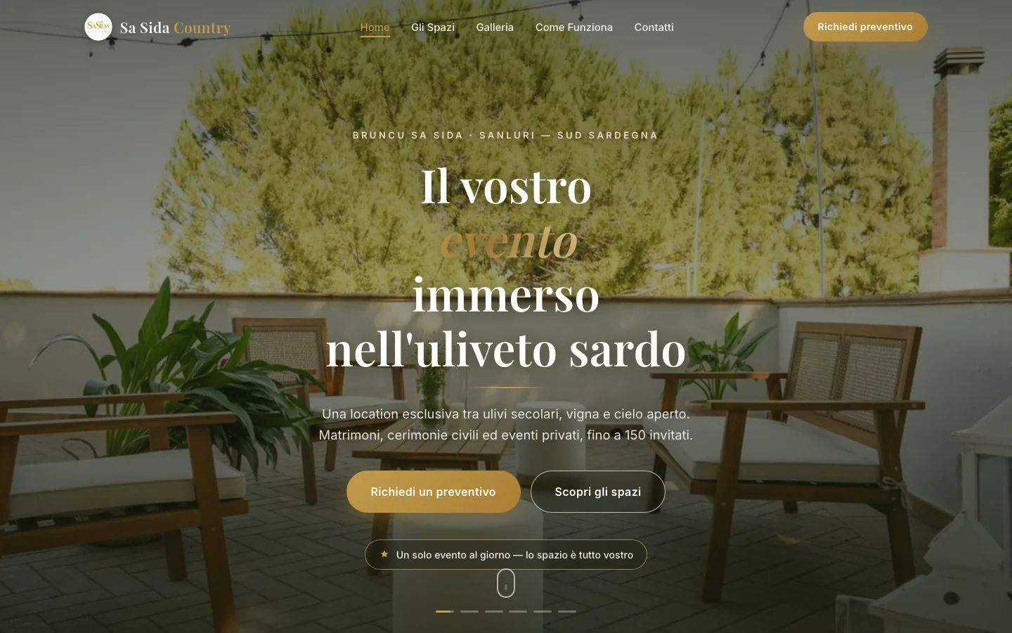 Pagina iniziale dell'esempio Sa Sida Country: uliveto allestito per un matrimonio