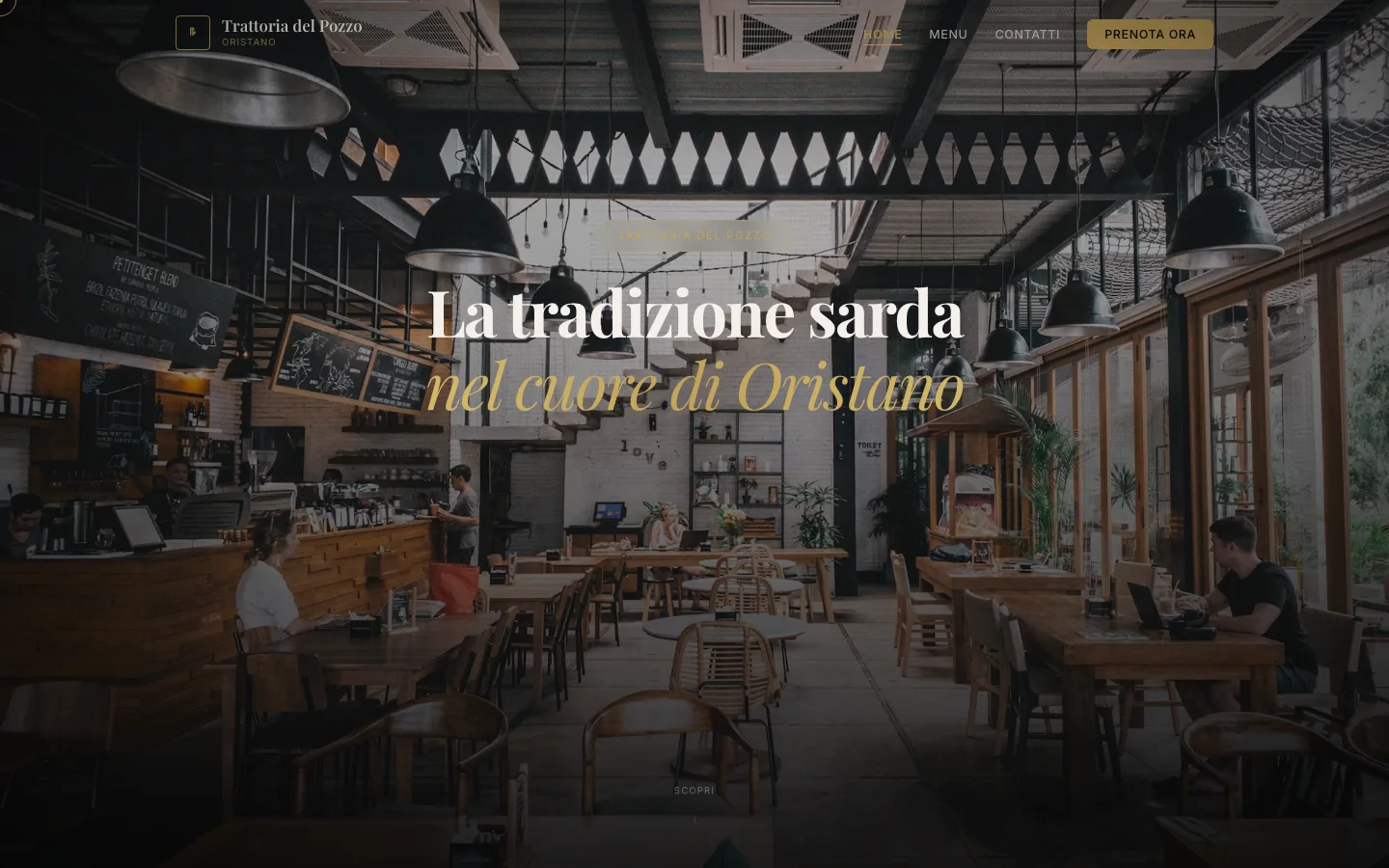Pagina iniziale dell'esempio Trattoria del Pozzo: sala con travi a vista e tavoli in legno